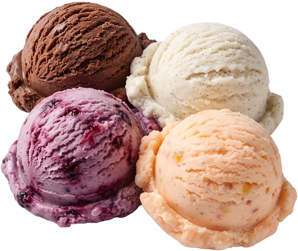 Vier Eiskugeln: Schokolade, Vanille, Beere und Pfirsich
